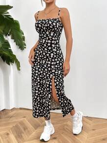 SHEIN EZwear Vestido De Vacaciones Estampado De Punto Con Tirantes Estilo Espagueti Y Abertura Lateral Para Mujer